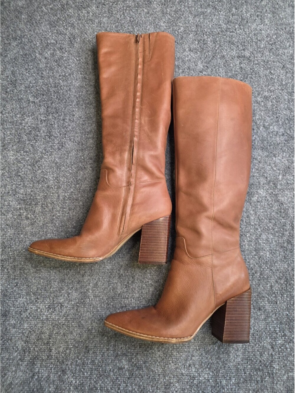 Nine West Brixe Leather Knee High Boots Size 8.5 Medium Natural Tan Block Heel